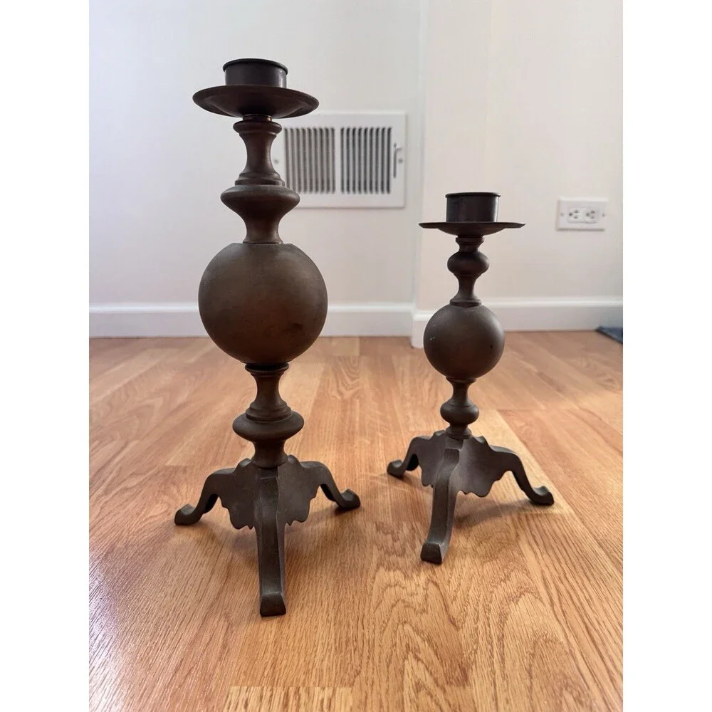 Pair Brass Bronze Metal Heavy Duty Candlesticks, Victorian Antique, Round, Taper